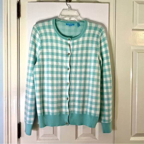 Draper James Sweaters - Draper James Women’s Gingham Turquoise & White Cardigan Sz L Preppy Academia